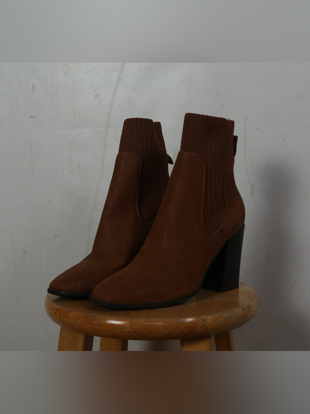 BAMBOO Brown Ribbed Shaft Block Heel Ankle Boots